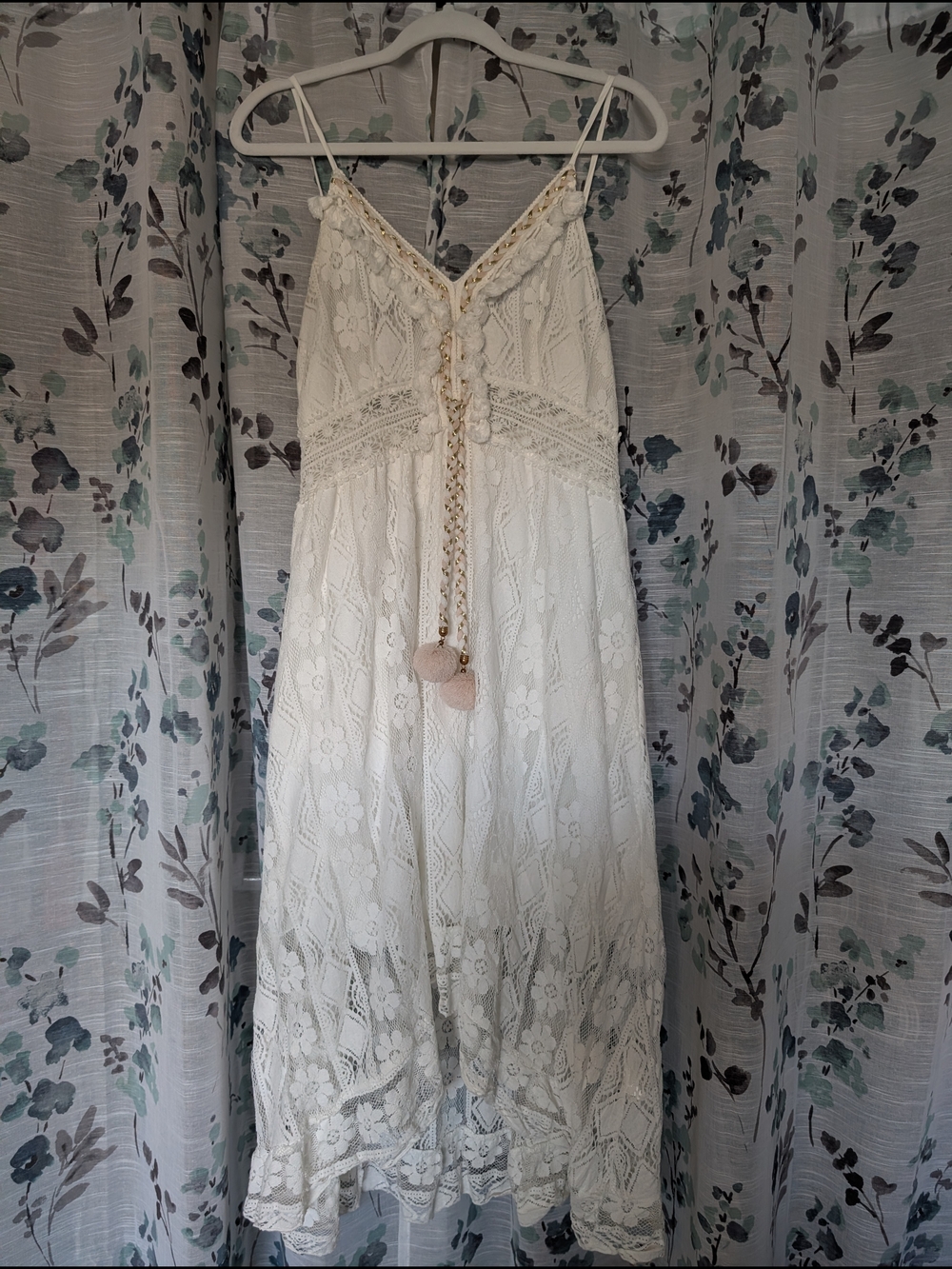 Boho White Lace Maxi Sundress with Pom Tie - Picture 4 of 5